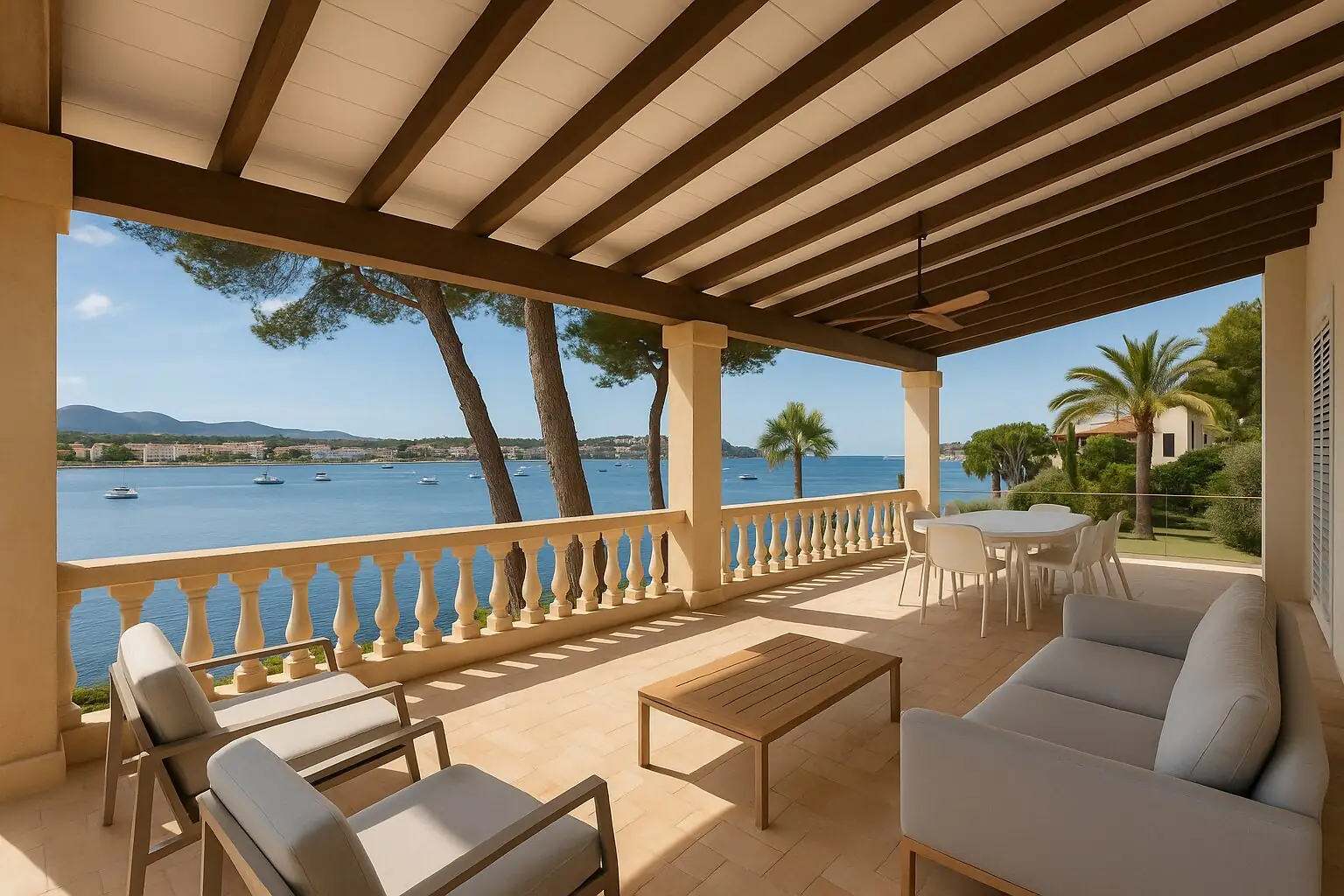 Pergola-Terrasse mit Blick auf den Hafen von Portocolom (KI-generiert)