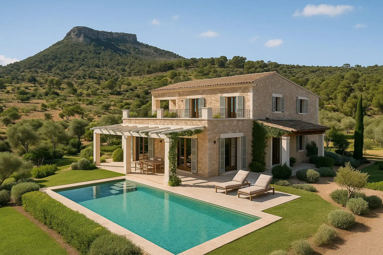 Landhaus mit Pool vor der Bergkulisse von Portocolom (KI-generiert)