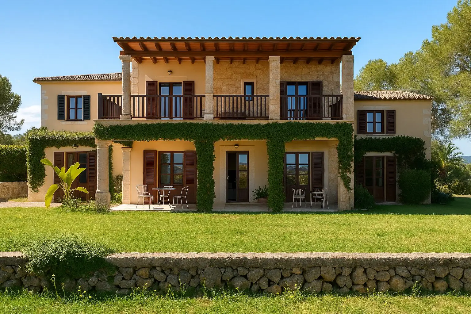 Efeubewachsenes Steinhaus mit Rasenfläche in Portocolom (KI-generiert)