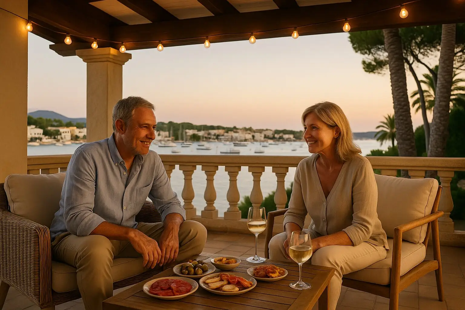 Paar auf einer Terrasse mit Blick auf den Hafen von Portocolom (KI-generiert)
