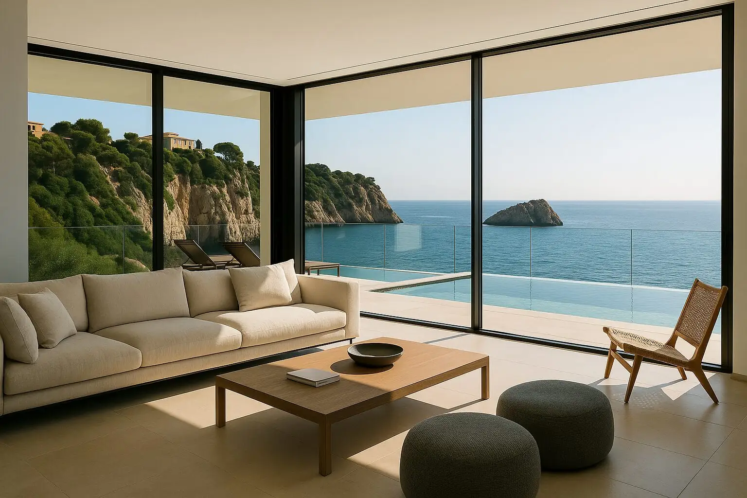 Wohnraum mit Panoramafenster und Meerblick in Santa Ponsa (KI-generiert)