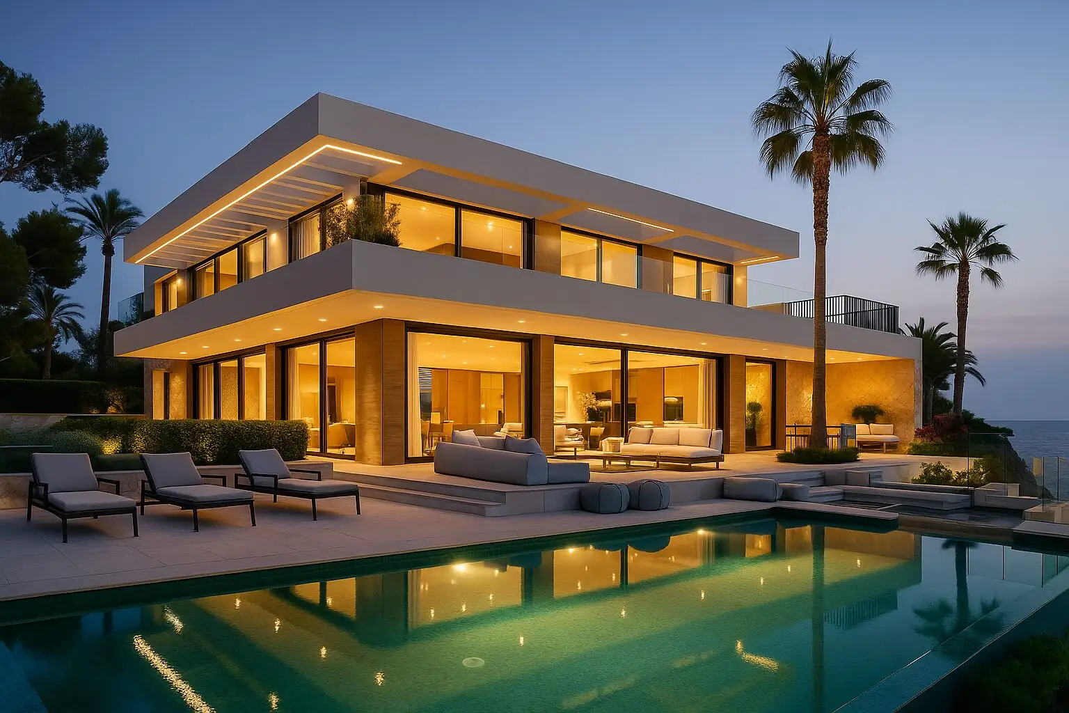 Moderne Villa mit beleuchtetem Pool in Santa Ponsa (KI-generiert)
