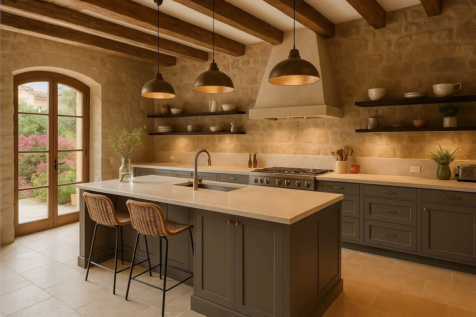 Landhausküche mit Kochinsel in einer Villa in Sóller (KI-generiert)