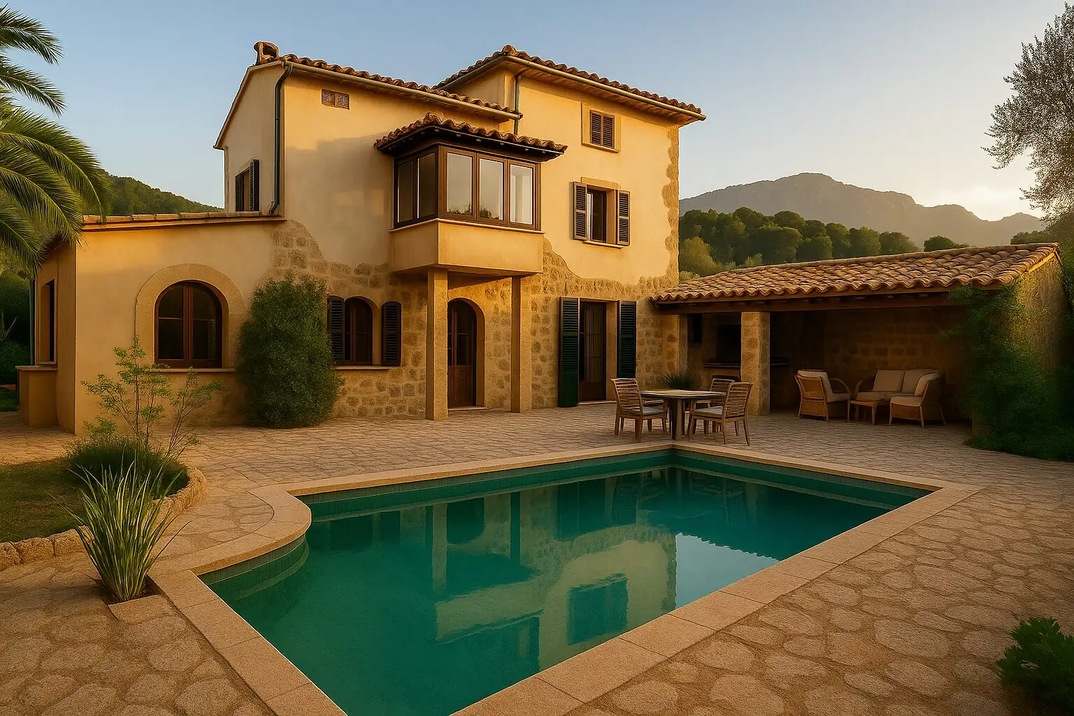 Steinvilla mit Pool vor den Bergen des Sóller-Tals (KI-generiert)