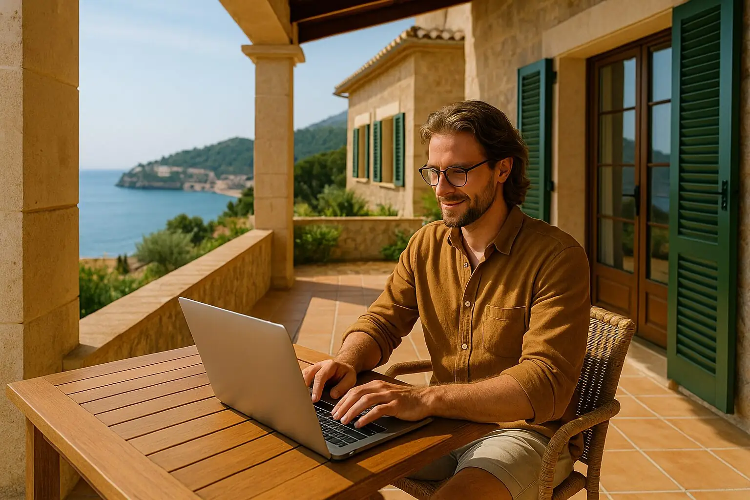 Mann arbeitet mit Laptop auf der Terrasse eines Landhauses in Sóller (KI-generiert)