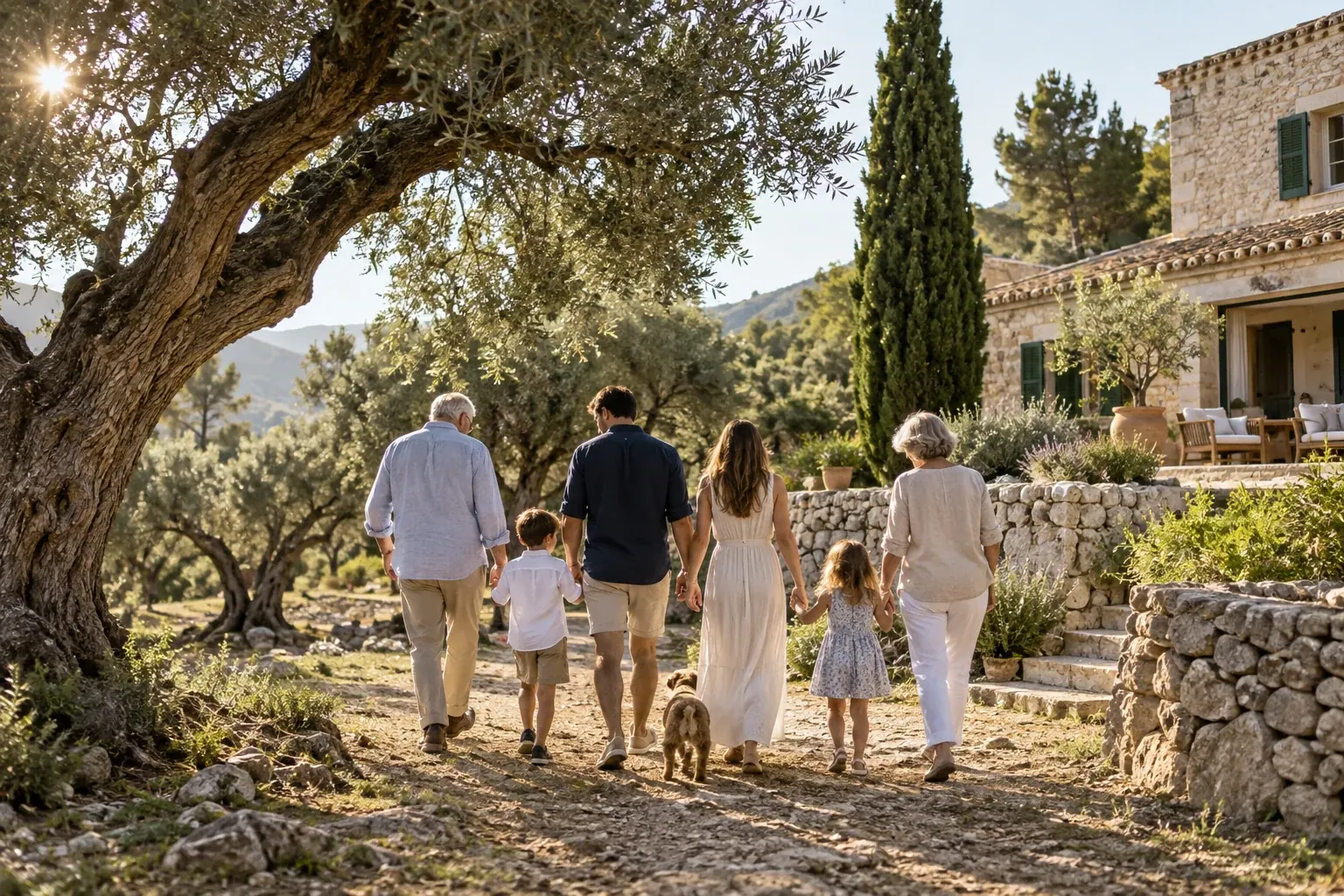 Three generations of a family walking through an olive grove towards a restored finca (AI-generated)
