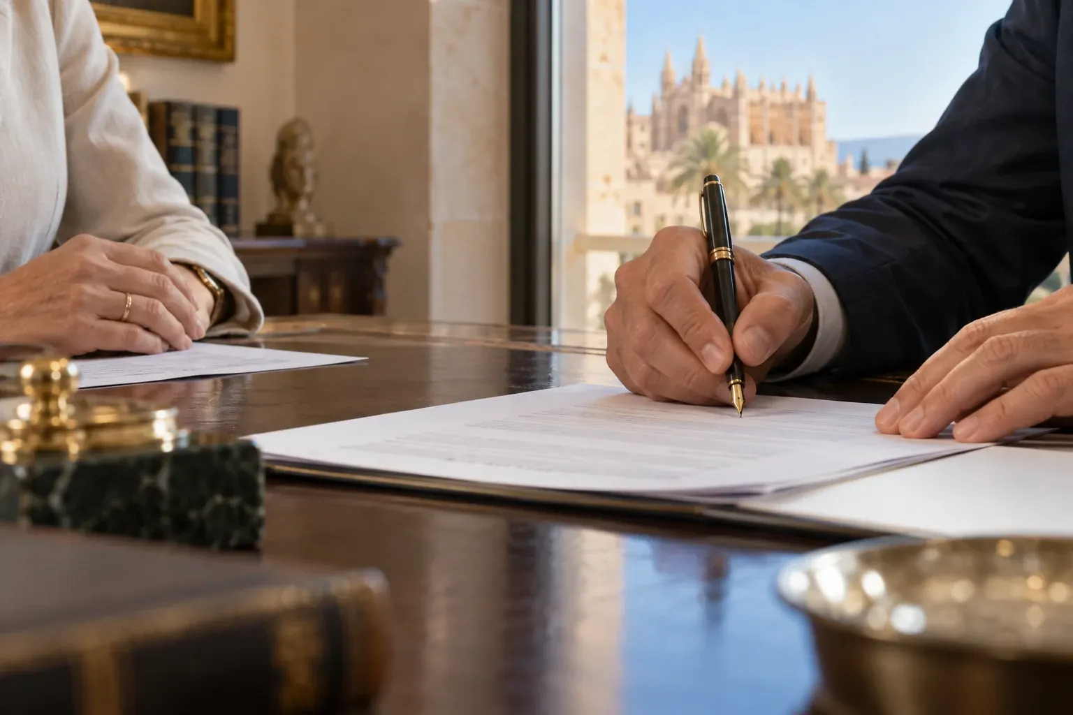 Signing a purchase deed at a notary’s office with a view of Palma Cathedral (AI-generated)