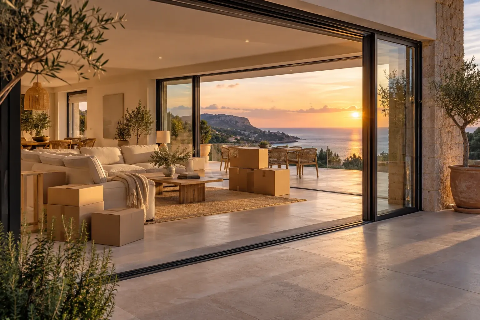 Moving boxes in the living room of a sea-view villa at sunset (AI-generated)