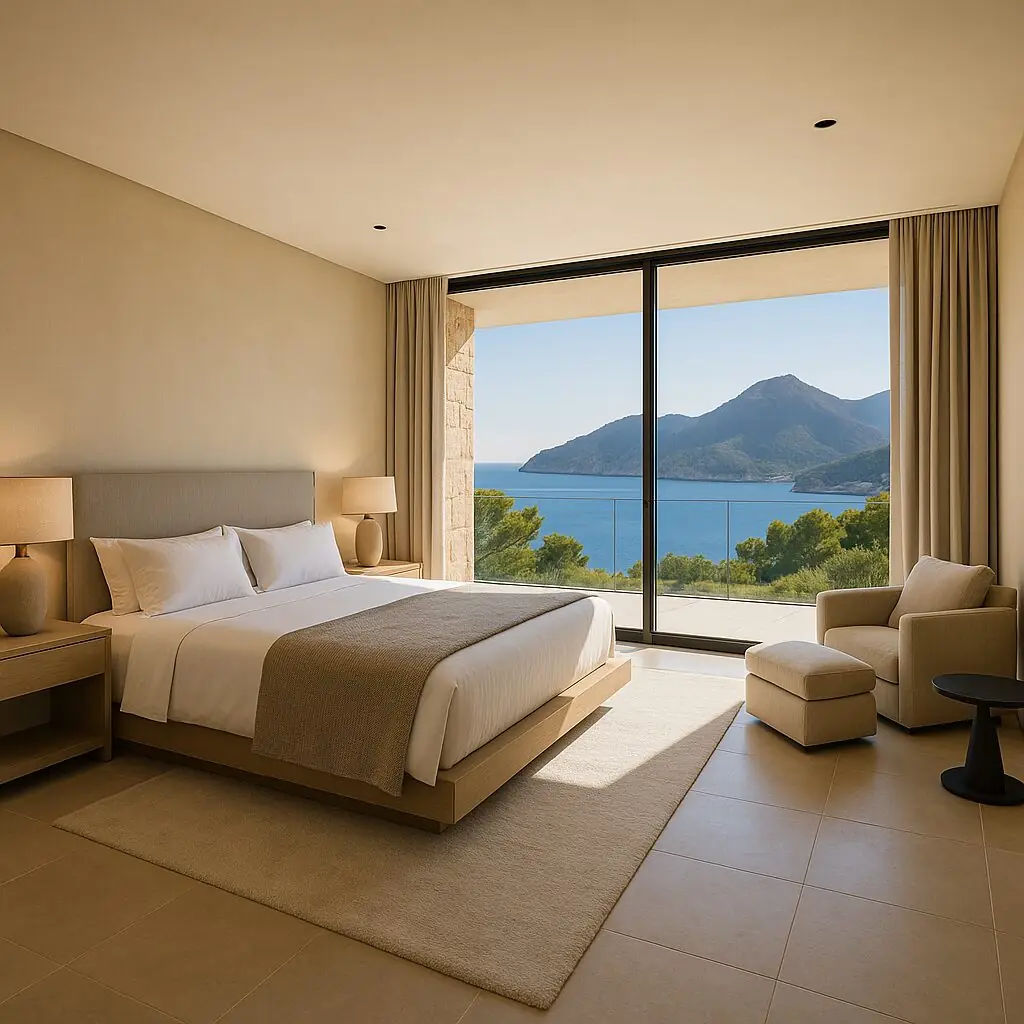 Bedroom with a floor-to-ceiling window onto the bay of Andratx (AI-generated)