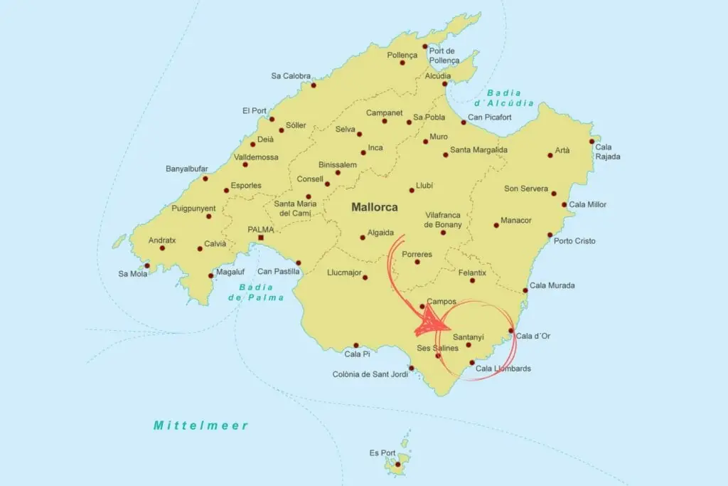 Karte von Mallorca mit hervorgehobener Region Santanyí
