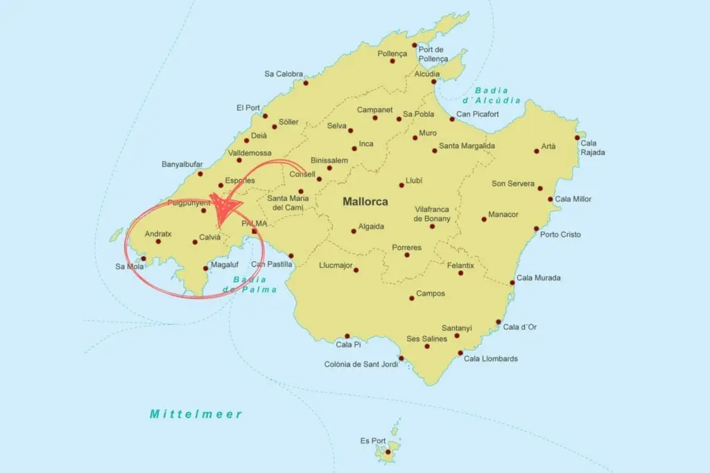 Karte Mallorca mit hervorgehobener Region im Südwesten