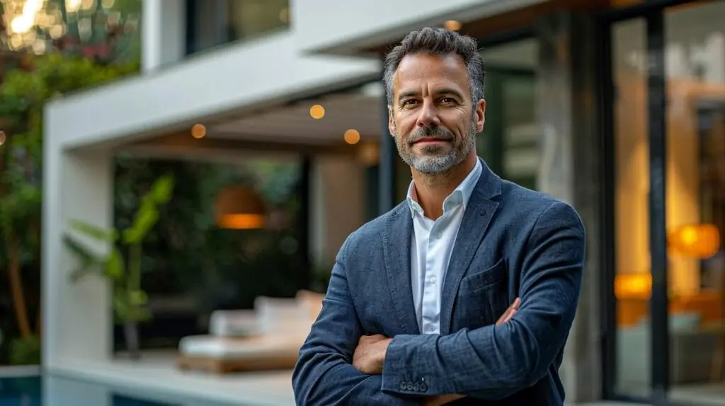 An agent in front of a modern property in Mallorca