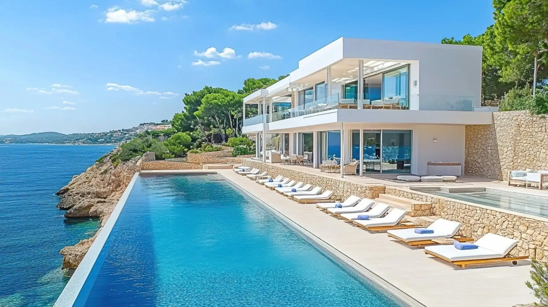 Villa mit Pool und Liegen direkt über der Küste Mallorcas