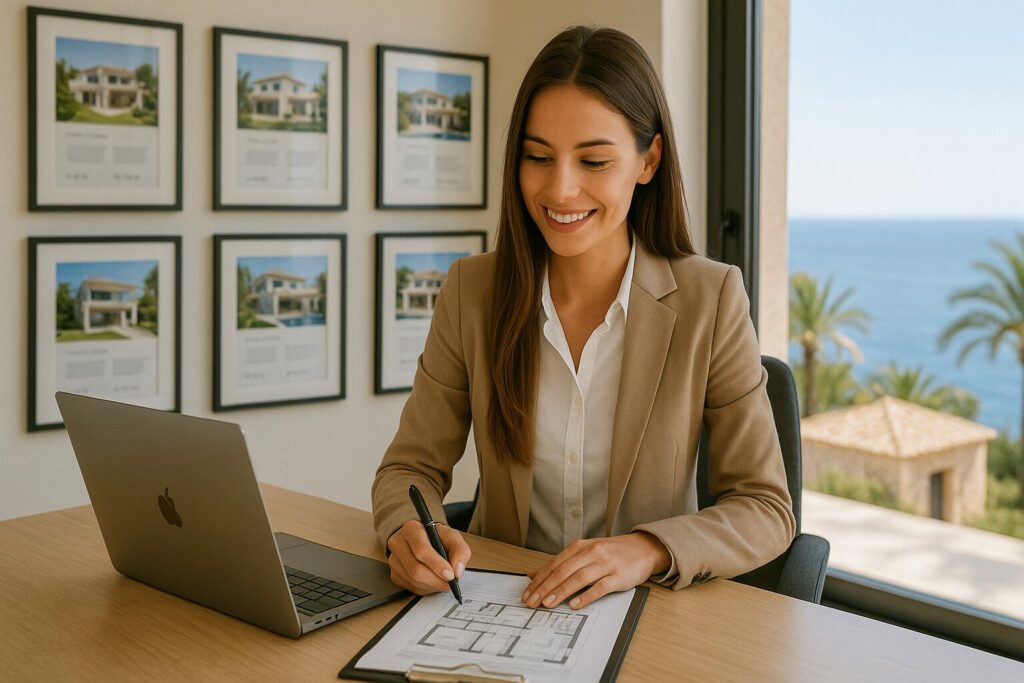 Seriöse Makler Mallorca: Immobilienmaklerin in ihrem Büro